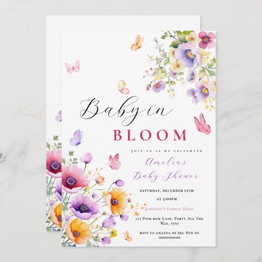ベビー蝶の開花の赤ちゃんシャワーワイルドフラワー 招待状 (正面/裏面)