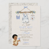 ベビー衣類少年ベビーシャワーアイボリーブルー 招待状 (正面/裏面)