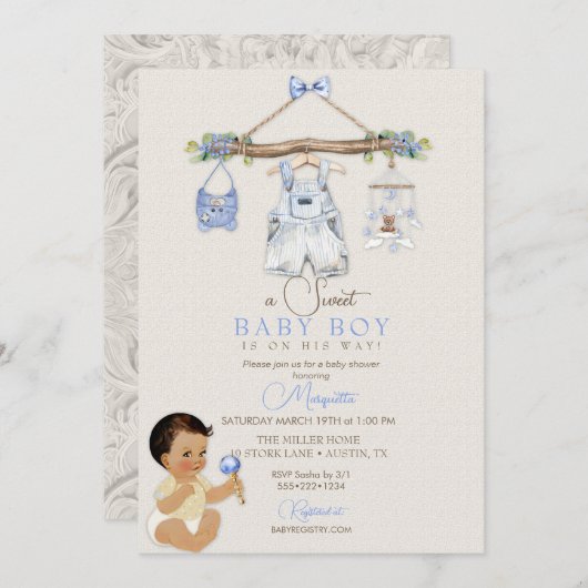 ベビー衣類少年ベビーシャワーアイボリーブルー 招待状 (正面/裏面)