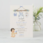 ベビー衣類少年ベビーシャワーアイボリーブルー 招待状 (スタンド正面)