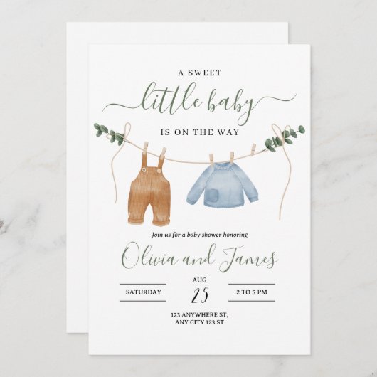 ベビー衣類赤ちゃんシャワー招待状、男の赤ちゃん 招待状 (正面/裏面)