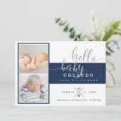 ベビー誕生のお知らせカード – ネイビー&ホワイトストライプ 案内状 (スタンド正面)