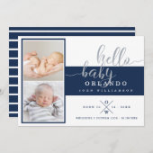 ベビー誕生のお知らせカード – ネイビー&ホワイトストライプ 案内状 (正面/裏面)