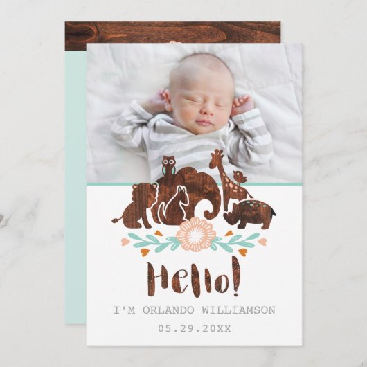 ベビー誕生のお知らせカード – Woodland Safari 案内状 (正面/裏面)