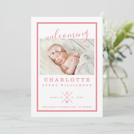 ベビー誕生のお知らせカーモダンド – ピンク&ホワイト 案内状 (スタンド正面)