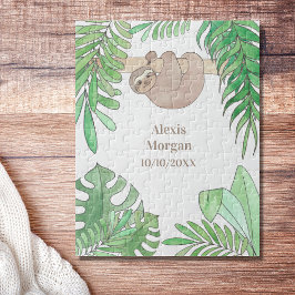 ベビー誕生のお知らせ可愛いスロスジャングル葉の ジグソーパズル