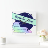 ベビー誕生のお知らせ可愛いレインボーユニコーングラデーション スクエア壁時計 (ホーム)