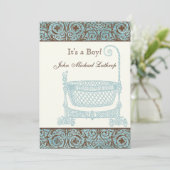 ベビー誕生のお知らせ – Blue Brown Damask Cradle 案内状 (スタンド正面)