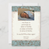 ベビー誕生のお知らせ – Blue Brown Damask Cradle 案内状 (裏面)