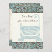 ベビー誕生のお知らせ – Blue Brown Damask Cradle 案内状 (正面/裏面)