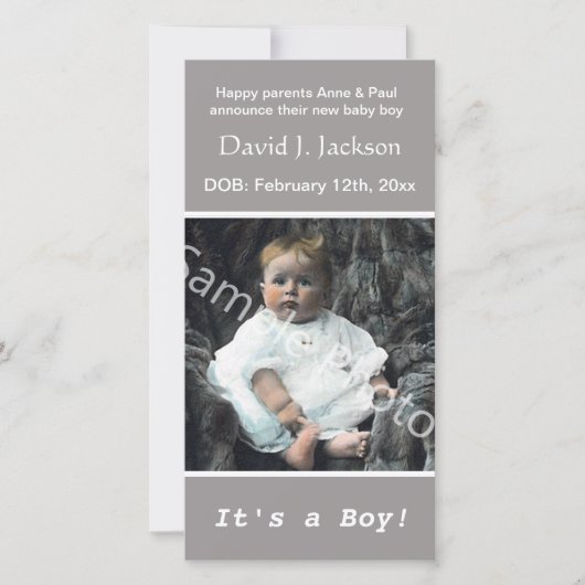ベビー誕生の灰色の告知。写真の追加 案内状 (正面)