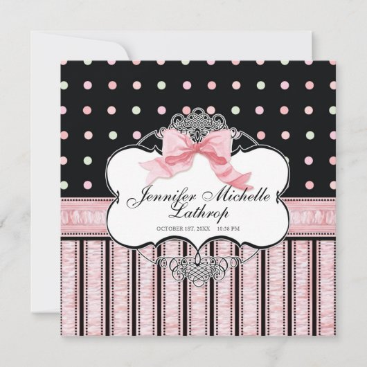 ベビー誕生の発表 – フランスの Bow Dot Swirl v3 案内状 (正面)