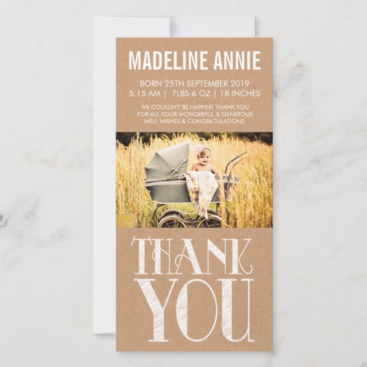 ベビー誕生サンキューフォトカード素朴Burlap サンキューカード (正面)