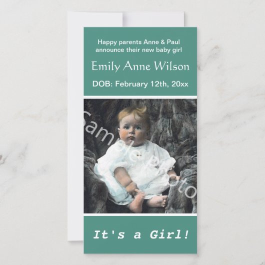 ベビー誕生ティール（緑がかった色）のお知らせ。写真の追加 案内状 (正面)