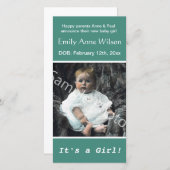 ベビー誕生ティール（緑がかった色）のお知らせ。写真の追加 案内状 (正面/裏面)