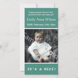 ベビー誕生ティール（緑がかった色）のお知らせ。写真の追加 案内状