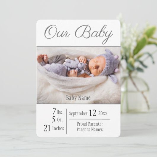 ベビー誕生フォトグレイ私たちのベビー 案内状 (スタンド正面)