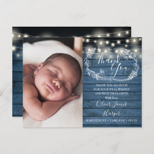 ベビー誕生フォトブルーウッドストリングライトサンキュー 案内ポストカード (正面/裏面)