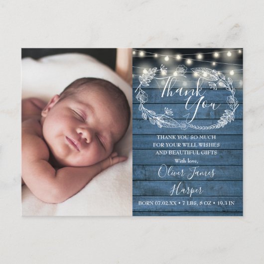 ベビー誕生フォトブルーウッドストリングライトサンキュー 案内ポストカード (正面)