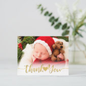 ベビー誕生フォトモダン金ゴールドスクリプトハート感謝していU シーズンポストカード (スタンド正面)