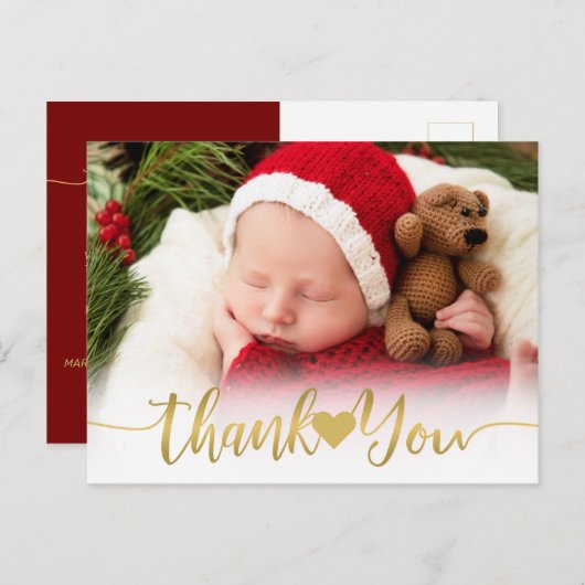 ベビー誕生フォトモダン金ゴールドスクリプトハート感謝していU シーズンポストカード (正面/裏面)