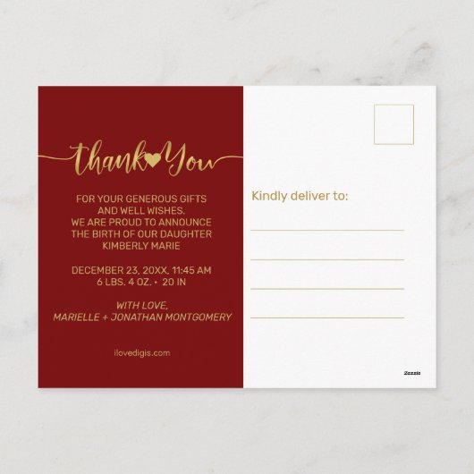 ベビー誕生フォトモダン金ゴールドスクリプトハート感謝していU シーズンポストカード (裏面)