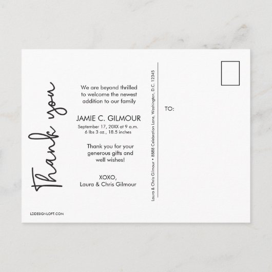 ベビー誕生モダン写感謝してい真 案内ポストカード (裏面)