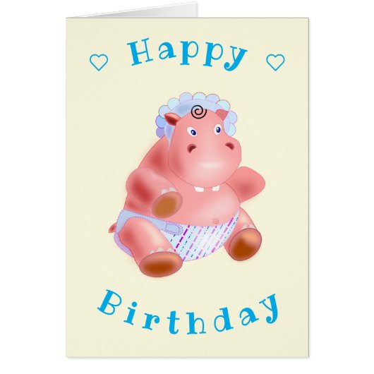 ベビー誕生日カードベビーHippo – あなたのテキスト名 (正面)