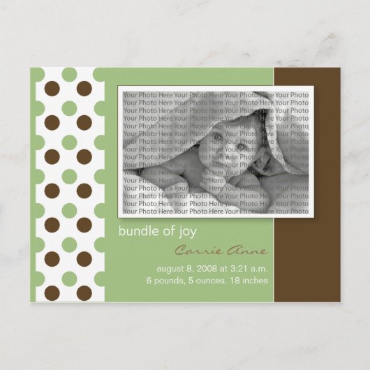 ベビー誕生発表セージグリーン水玉模様 案内ポストカード (正面)