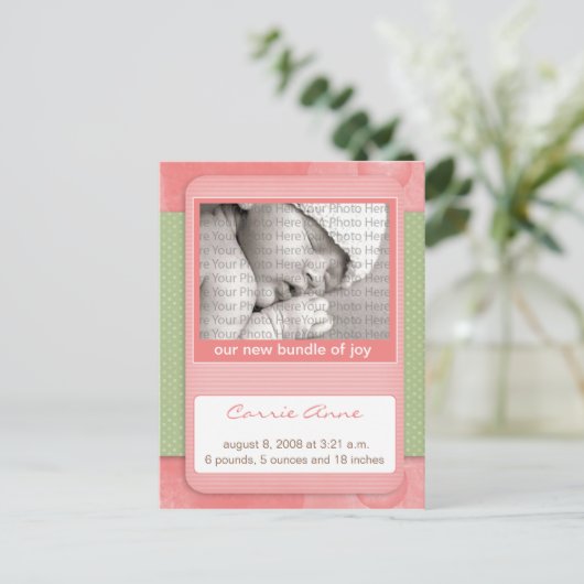 ベビー誕生発表ピンク水玉模様 案内ポストカード (スタンド正面)