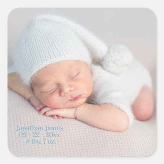 ベビー誕生発表写真タイポグラフィボーイブルー スクエアシール (正面)