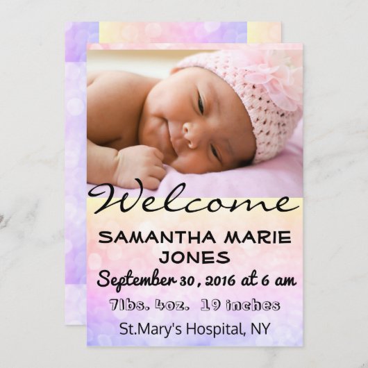 ベビー誕生発表女子または男カスタマイズの子 案内状 (正面/裏面)