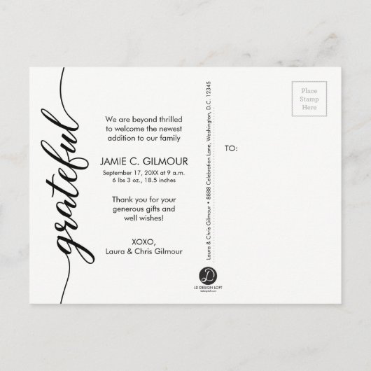 ベビー誕生発表感謝のスクリプト写真 案内ポストカード (裏面)