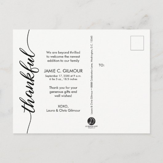 ベビー誕生発表感謝的なカスタム写真 案内ポストカード (裏面)