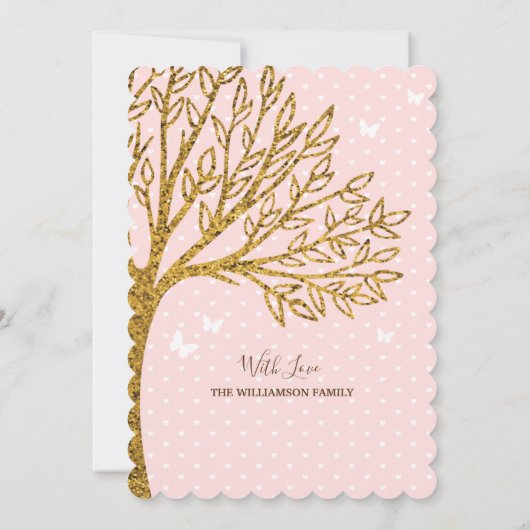 ベビー誕生発表 |ピンクと金ゴールドファミリーツリー 案内状 (裏面)