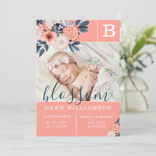 ベビー誕生発表 |ピンクの水色の花 案内状 (スタンド正面)