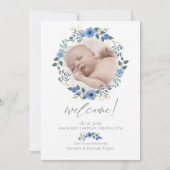 ベビー誕生発表 |水彩ブルーフローラ 招待状 (正面)