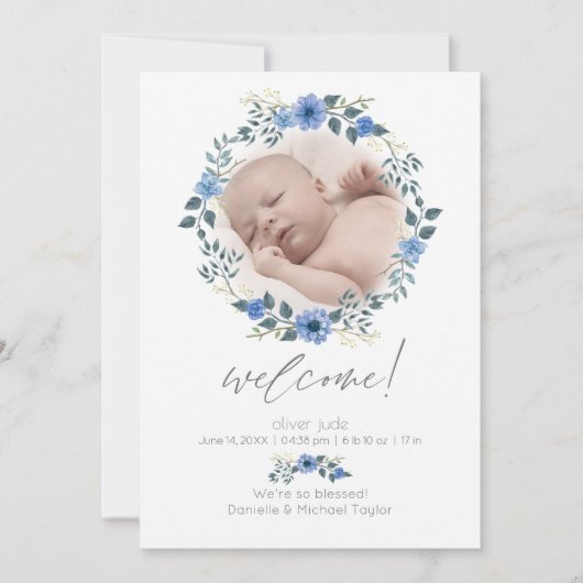 ベビー誕生発表 |水彩ブルーフローラ 招待状 (正面)