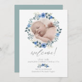 ベビー誕生発表 |水彩ブルーフローラ 招待状 (正面/裏面)