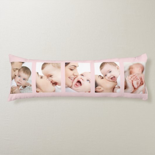 ベビー誕生統計と5フォトストリップコラージピンク ボディピロー (正面)