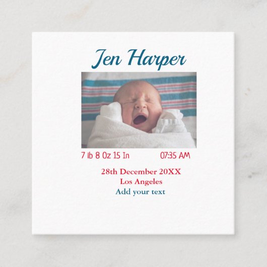ベビー誕生統計の追加名場所日付保存用メモ スクエア名刺 (正面)