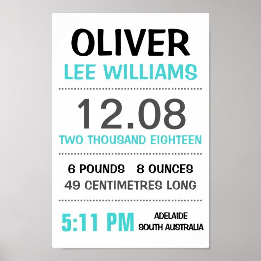 ベビー誕生統計カスタムウォールプリントポスター – アクア ポスター (正面)
