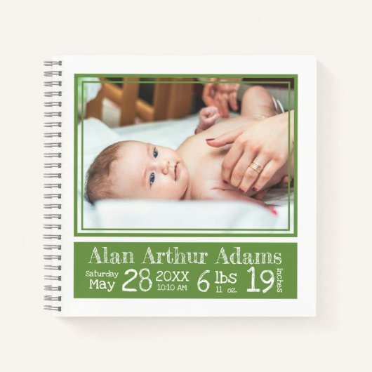 ベビー誕生統計フォトノートブック | 緑のストライプ ノートブック (正面)