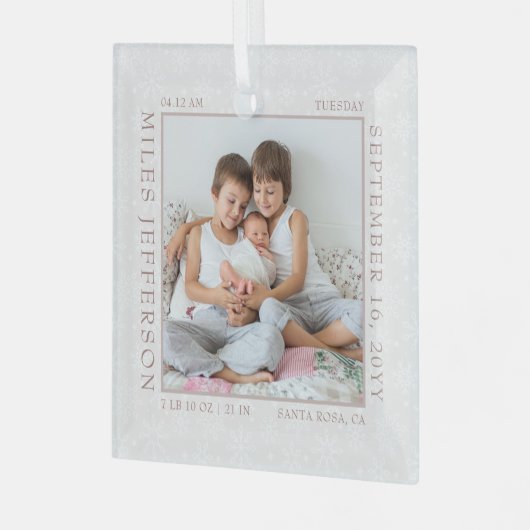 ベビー誕生統計ホワイトスノーフレーク写真フレームガラス ガラスオーナメント (正面左)