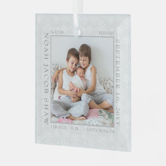 ベビー誕生統計ホワイトスノーフレーク写真フレーム ガラスオーナメント (正面左)