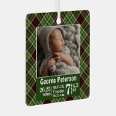 ベビー誕生統計誕生レコード写真グリーンプレイド メタルオーナメント (正面右)