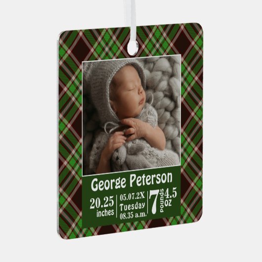 ベビー誕生統計誕生レコード写真グリーンプレイド メタルオーナメント (正面右)