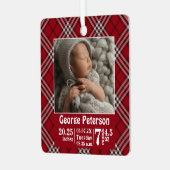 ベビー誕生統計誕生レコード写真レッドプレイド メタルオーナメント (正面左)