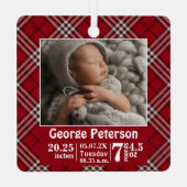 ベビー誕生統計誕生レコード写真レッドプレイド メタルオーナメント (裏面)