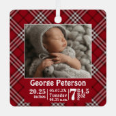 ベビー誕生統計誕生レコード写真レッドプレイド メタルオーナメント (正面)